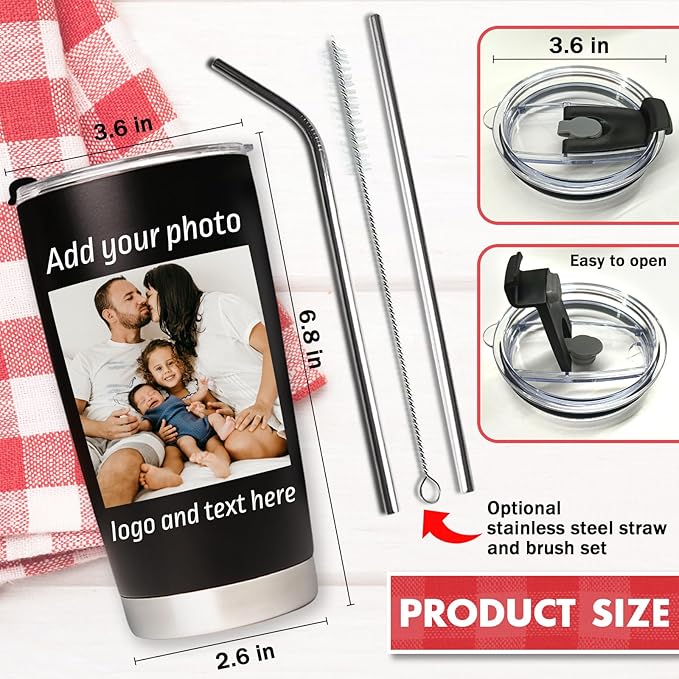 Personalized Coffee Tumbler with Pictures Text Logo Name, 20oz Stainless Steel Tumbler with Lid and Straw, Coffee Travel Cups, Personalized Christmas Birthday Gifts for Women Men Office