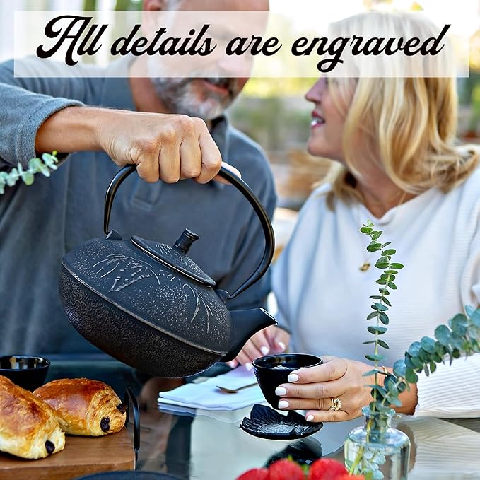 XXL Japanese Cast Iron Teapot with Infuser & Matching Trivet - Large 85 Oz/2500ml Tetsubin Loose Leaf Tea Pot with Enamel Interior - Handcrafted Big Cast Iron Tea Kettle Humidifier Set - Black