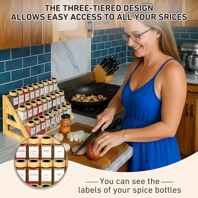 Bamboo 3 Tier Spice racks, Kitchen Seasoning Spices Rack, Suitable for Spice Organizers Such as Sitchen Countertops, Stoves, Sorage Rooms (L)