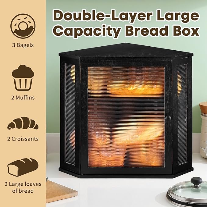 Corner Bread Box for Kitchen Countertop - Bamboo Large Capacity Bread Storage Bin with Acrylic Wavy Door Panel,Bread Box (Black,Extra Large)