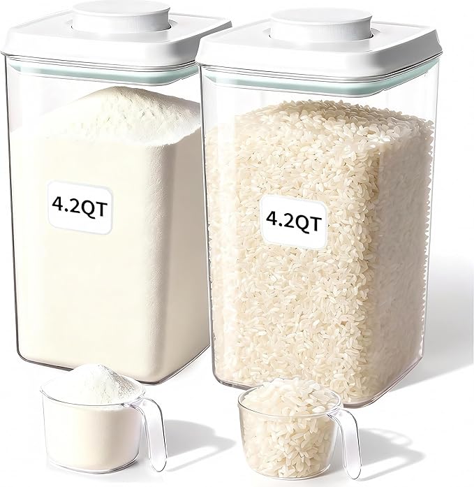 Pop Food Storage Container Airtight Rice Containers with Pop Lid & 130ml Scoop, 4L / 4.2QT *2 BPA-Free Cereal, Flour, Pasta & Snack Container for Kitchen Pantry Organizer