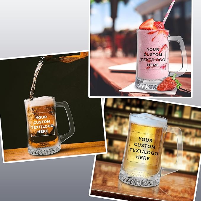 DISCOUNT PROMOS Custom ARC Glass Beer Mugs 14 oz. Set of 6, Personalized Bulk Pack - Great for Octoberfest, Pub, Restaurant - Clear