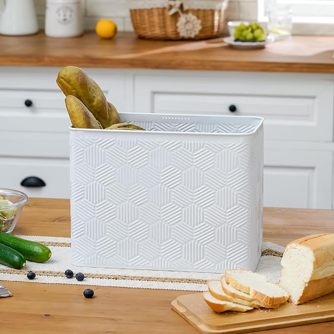 Extra Large Bread Box for Kitchen Countertop Corner Breadbox for Homemade Bread Metal White Hexagon Stripe Pattern Embossed Storage Container Bin with Bamboo Lid Fits 2 Loaves of Bread