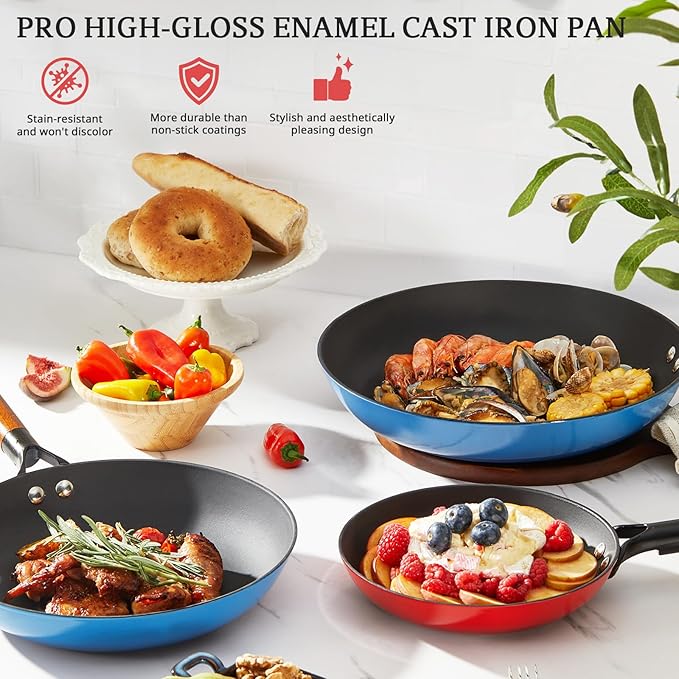 KITESSENSU Titanium Non Stick Frying Pan 8' - Deep Enameled Cast Iron Skillet - Cast Iron Pan for Compatible With All Stovetops - Gradual Burgundy Red