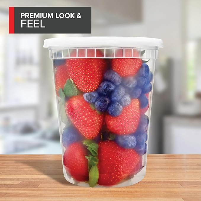 Stock Your Home 32oz Plastic Deli Containers with Lids (48 Pack), Disposable Plastic Food Storage Containers with Lids, Reusable Freezer Containers, To Go Soup Containers, Microwave Safe
