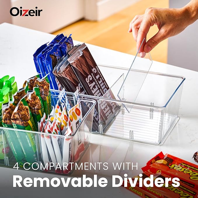 Oizeir Clear Pantry Organizer Bins 8-Pack - Fridge Organizer with 3 Removable Dividers, Ideal for Kitchen, Pantry, Refrigerator, Freezer, and Snack Storage