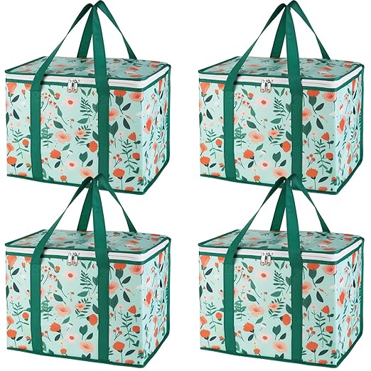 Bodaon 4-Pack Cooler Insulated Food Delivery Bag, X-Large Bags With Top Zippered for Grocery/DoorDash/Catering/Shopping, Thermal Hot Pizza, Large Cold and Frozen, XL Tote, Flower