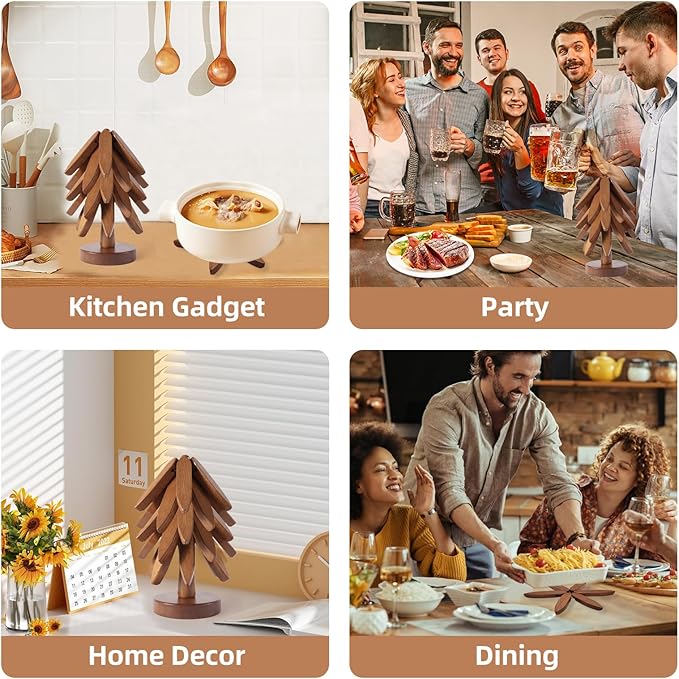 Wooden Tree Trivets for Hot Dishes, Wood Coasters Set of 5 for Hot Pots and Pans Stackable, DIY Wooden Christmas Tree Trivet (5 Walnut Trivets +1 Stand)