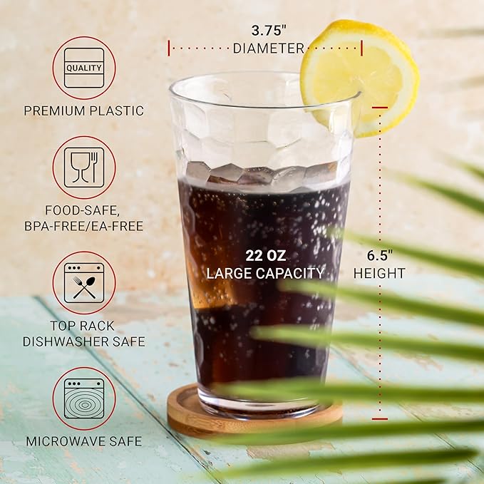 Hammered Plastic Drinking High Tumbler, Dishwasher-Safe Premium Quality Glasses, BPA-Free Reusable Outdoor Cups, 22 oz Set of 10