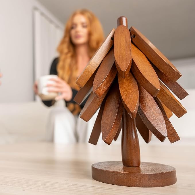 Wooden trivets for hot Dishes – 4 Tree-Shaped Coasters & 1 Stand for Hot Pots, Dishes | Heat-Resistant, Space-Saving Pot Rest & Cozy Kitchen Decor, Tree Trivets for Counter + Special Bonus (Walnut)