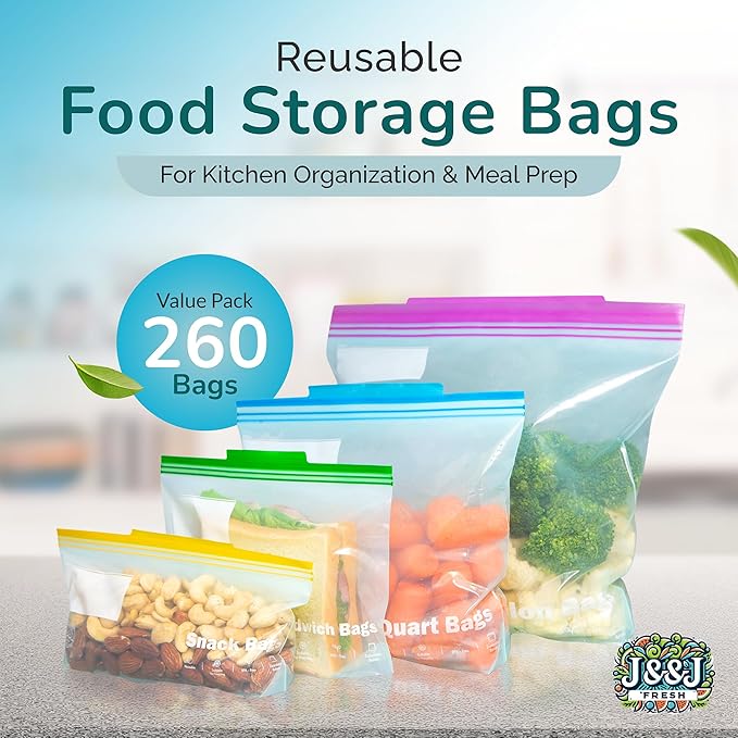 Reusable Food Storage Bags – 260 Pack Variety Pack (Snack, Sandwich, Quart, Gallon) – BPA-Free, Leakproof Zipper Bags with Expandable Bottom – Freezer Bags Safe, Kitchen & Pantry Organizer