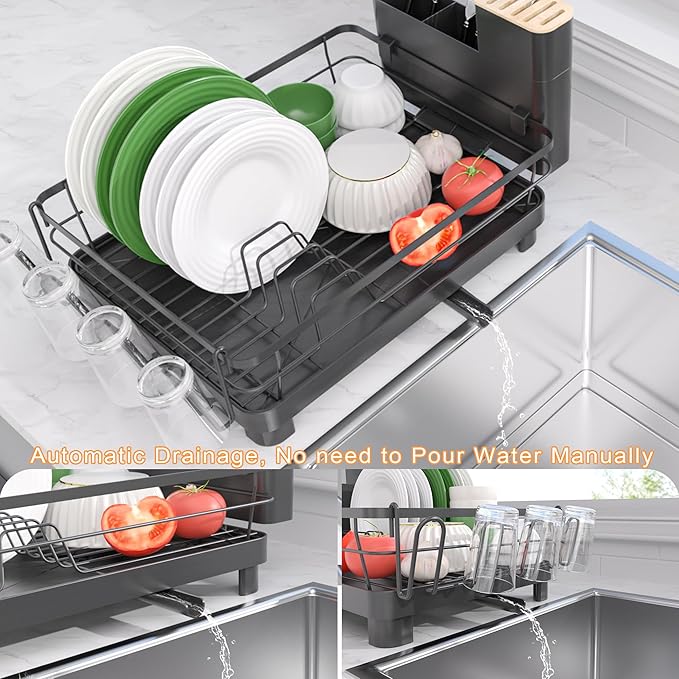 Runnatal Dish Drying Rack, Stainless Steel Dish Rack with Drainboard for Kitchen Counter and Sink, Large Capacity Dish Drainer, Detachable 2-in-1 Utensil Holder, Cup Holder, Black