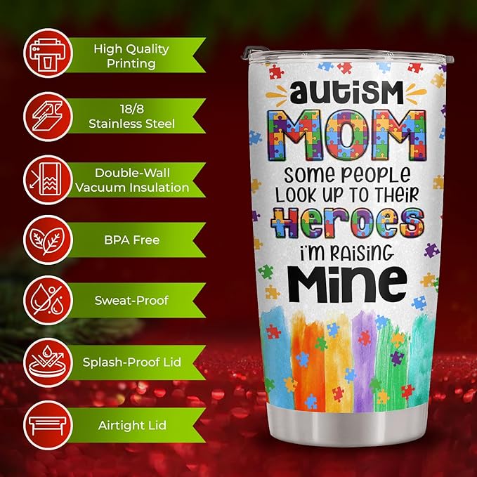 34HD Gifts for Mom, Autism Mom Tumbler with Lid 20oz Stainless Steel, Cool Momma Coffee Mug, Autism Awareness Gifts for Women, Teacher, Parents