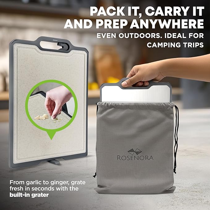 Double-Sided Titanium Cutting Board with Stand, Knife Sharpener, Grater & Storage Bag | Non-Toxic Titanium + Wheatstraw PP Chopping Board | Healthy Kitchen Accessory for Meat, Vegetables & Fruit