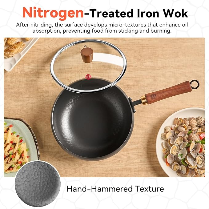WANGYUANJI Wrought Iron Flat Bottom Wok with Glass Lid – Detachable Wooden Handle, Non-Coated Naturally Nonstick Frying Pan for Gas, Electric & Induction Stoves (Black Deep-Bowl Wok, 9.5 inch)