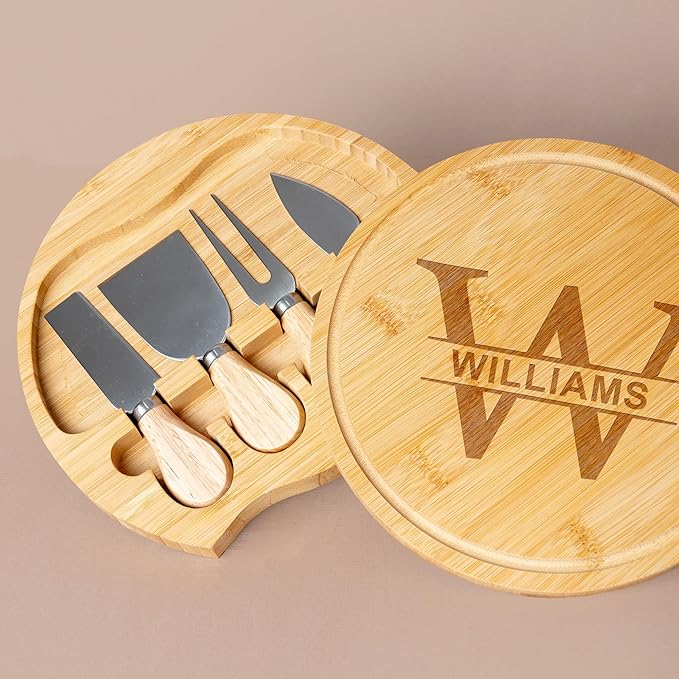 Custom engraved luxury charcuterie board & knife set/4pcs, personalized cheese chopping serving tray for fruits, food, dessert, bread for table decoration, personalized gift for dinner host (Monogram)