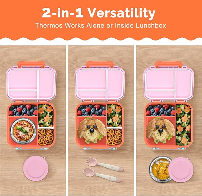 Bento Box for Kids with Soup Thermos(9oz)– Kid Bento Lunch Box with Leak Proof Insulated Food Jar, Hot & Cold Lunch Container Set for School Girls Boys, 4-Compartments, Pink/Orange