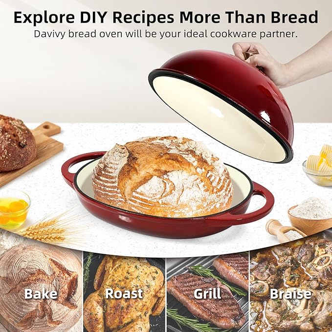 Davivy 6QT Oval Cast Iron Sourdough Dutch Oven with Silicone Oven Mitts, Bread Dutch Oven for Sourdough Bread Baking 6QT, Cast Iron Bread Cloche Loaf Pan with Domed Lid - Ruby Red