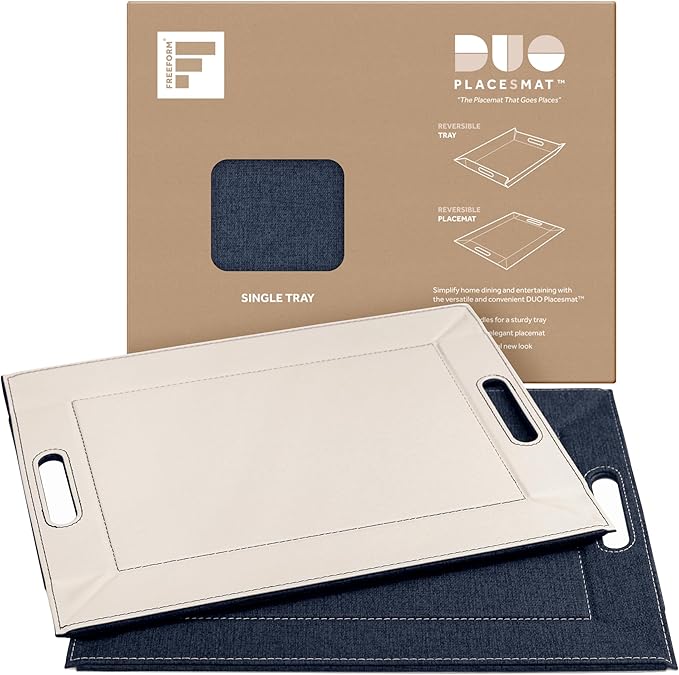 PLACEsMAT 2-in-1 Faux Leather Placemat & Serving Tray | Reversible Design, Lays Flat & Easy to Clean | Ottoman Food Tray, Perfect Housewarming Gift, 18” x 14” (Fabric Blue & Cream, Single)