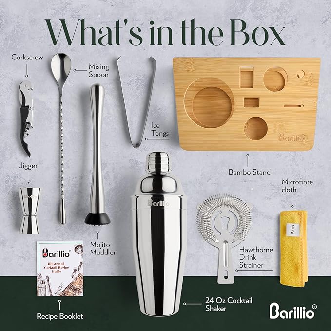 Barillio Bartender Kit - Stainless-Steel Cocktail Shaker Set with Bamboo Stand - Mixology Bar Tools w/Shaker, Drink Mixer Spoon & Muddler for Cocktails - Home Bar Accessories - 10-Pc Bar Set - Silver