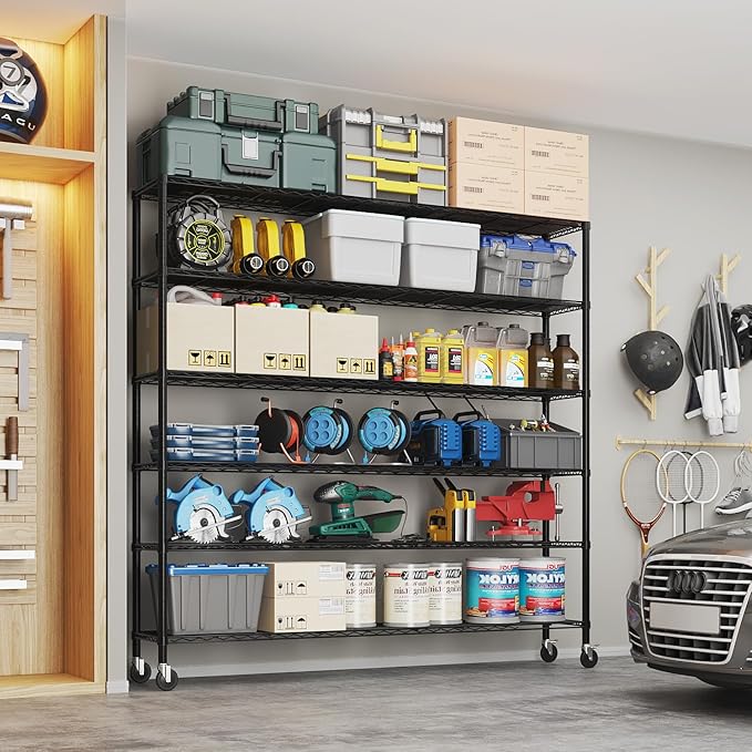 Karl home 6-Tier Adjustable Metal Storage Shelves, Wire Shelving Unit with Wheels & Leveling Feet, Heavy Duty Garage Shelving, Pantry & Kitchen Display Shelf Organizer, Home Storage Rack