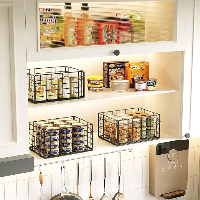 X-cosrack Metal Wire Basket Organizers Foldable & Wall Mounted Freezer Organizer Bins with Handles 4 Pack- Extra Large Mesh Bin for Pantry Organization Kitchen Laundry Closet Garage Patent Design