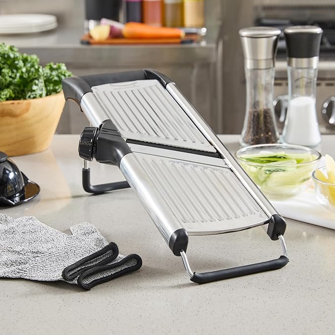 Restaurantware Stainless Steel Adjustable Mandoline Slicer - German Standard Vegetable Slicer with Blade Guard, Cut-Resistant Gloves, Cleaning Brush - Food Slicer for Potato, Onions, Cucumbers, Tomato