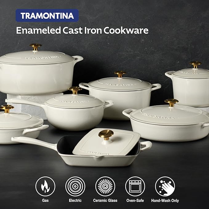 Tramontina Bestow Enameled Cast Iron Skillet with Lid, 12-inch Frying Pan, Latte with Gold Knob