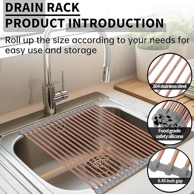 15.74" x 17"Large Roll Up Dish Drying Rack Over The Sink Dish Drying Rack,Stainless Steel Multipurpose Foldable Dish Drying Rack with Anti-Slip Silicone for Kitchen Counter Drainer,Rose Gold