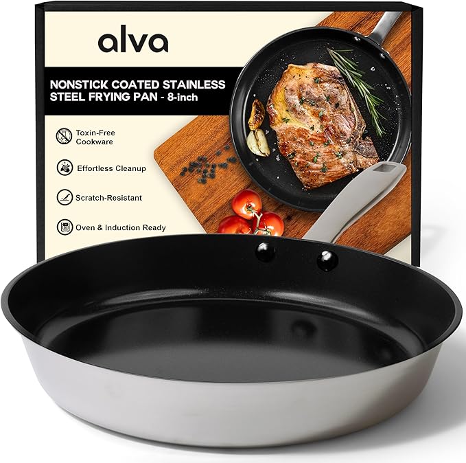 Alva Maestro 8-Inch Stainless Steel Nonstick Frying Pan – Made Without PFAS, PFOA & PTFE Ceramic Coating – Reinforced 5-Ply Aluminum Core, Oven & Induction Safe for Even Heat, Easy to Clean Coating