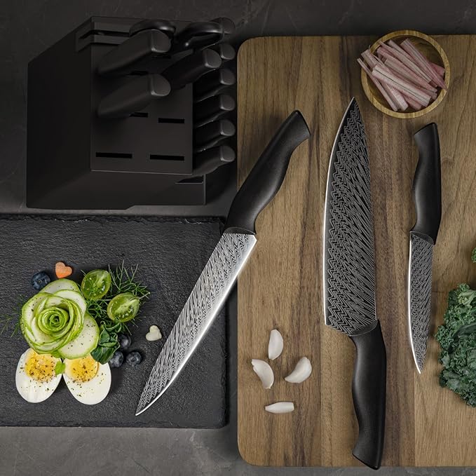 Knife Set, Amorston 15 Pieces Kitchen Knife Set with Built in Knife Sharpener, High Carbon German Stainless Steel Knife Block Set, Dishwasher Safe Knives Set, Black