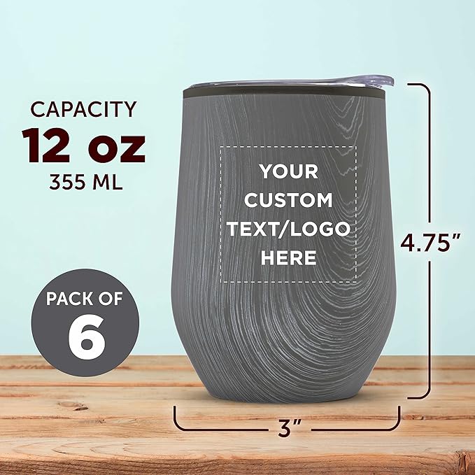Custom Palmera Stemless Wine Tumblers with Lids 12 oz. Set of 6, Personalized Bulk Pack - Perfect for Wine, Cocktails, Other Hot & Cold Beverages - Rustic Grey