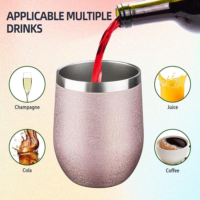 12 oz Insulated Wine Tumbler with Lid and Straw Double Wall Vacuum Insulated Wine Cup Stainless Steel Wine Tumbler Glasses for Coffee,Champaign,Office (Wrinkle Paint Rose Gold,1)