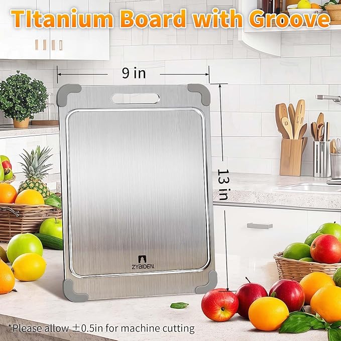 100% Pure Titanium Cutting Board with Grooves, Update Double Side Titanium Chopping Board, Silicone Anti-slip Stainless Cutting Boards for Kitchen 9 * 13 IN, Grey