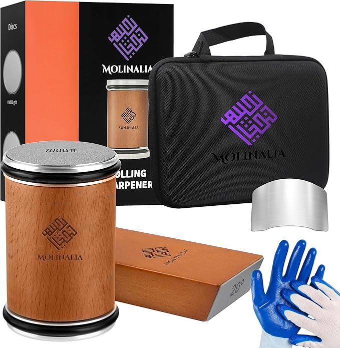 Rolling Knife Sharpener –Multi Angle Tool w/Diamond & Ceramic Discs #1000/#3000, tumbler knife sharpener having Finger Guard, Gloves & Travel Bag