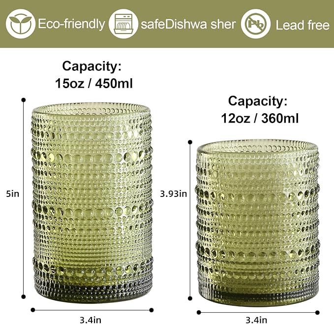 Vintage Glassware Drinking Glasses Set of 12,Green 12oz & 15oz Hobnail Glass Cups,Embossed Water Tumbler,for Beer,Cocktail,Whiskey,Juice and Various Mixed Drinks- 1 Cleaning Brush