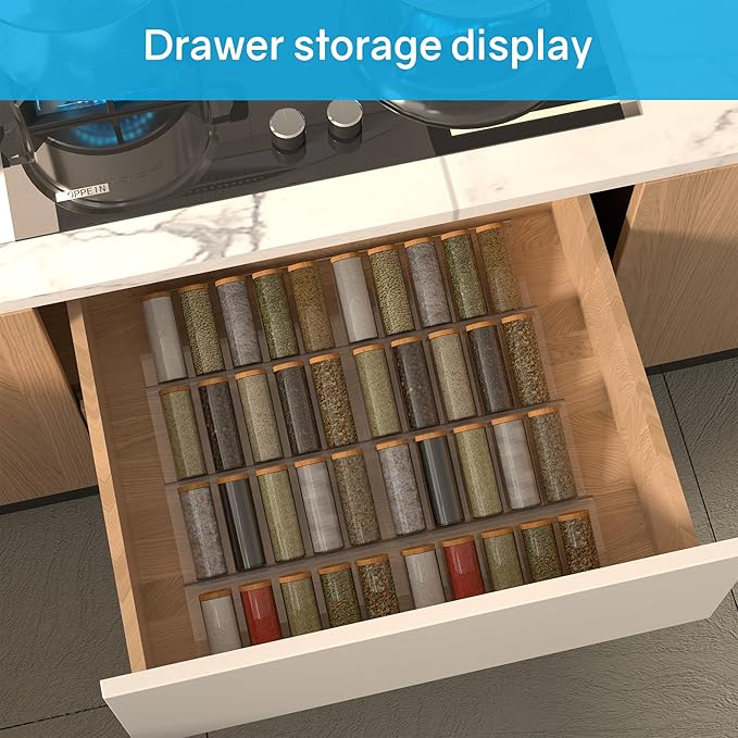 Expandable Acrylic Spice Drawer Organizer – 4-Tier Clear Seasoning Rack Insert for Kitchen Drawers, Adjustable from 9" to 18", Fits Most Spice Jars (Jars Not Included) 4-Pack
