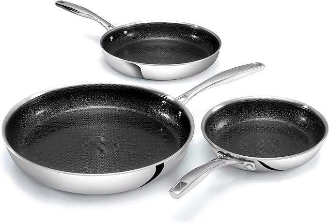 Gotham Steel Hybrid 3pc Stainless Steel Non Stick Frying Pans Set, 8 10 12 inch Ceramic Frying Pan Skillet Set, Induction Ready, Made without PFAS & PFOA, Oven and Dishwasher Safe - Black