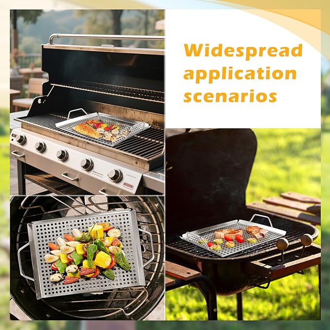 11 x 14 Inch Nonstick Grill Tray with Handles,Perforated Stainless Steel Grill Pans for Outdoor Grill,Heavy Duty Grilling Accessories for Charcoal Gas Grills,Easy to Use and Clean (11 * 14)