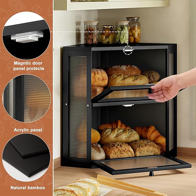WOWLIVE Corner Bread Box for Kitchen Countertop, Double Layer Bamboo Bread Storage Container, Large Farmhouse Bread box with Acrylic Wavy Door Panel, Under Cabinet Organizer (Black, Extra Large)