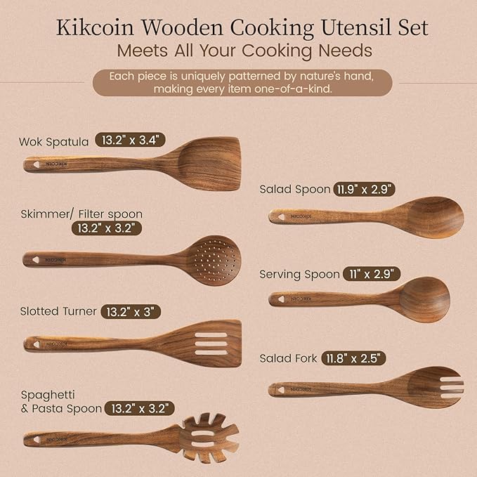 Kikcoin Wood Kitchen Utensils Set, 7 PCS Solid Teak Wooden Spoons for Cooking with Long Handle Heat-Resistant Wooden Cooking Utensils Set for Non-stick Cookware Including Hanging Hole