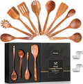 Wooden Spoons for Cooking, 10 PCS Teak Wood Cookware Utensil Set with Hooks - Smooth Finish, Non-Stick, Comfortable Grip, Heat Resistant Kitchen Utensils Gift Box