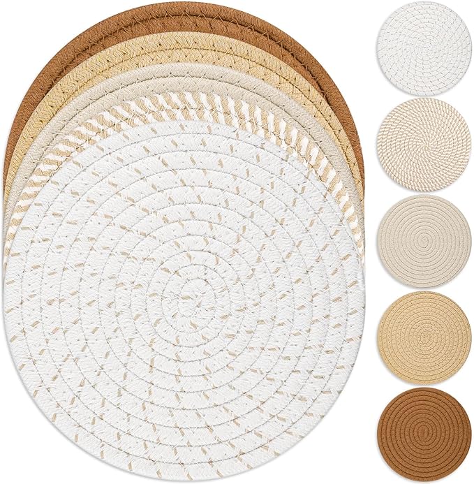 Trivet Mats Set for Hot Dishes, 5 Heat Resistant Pot Holders for Kitchen, Home Essentials, Anti Stain Hot Pads for Hot pots and Pans, Fall Decorations for Home, 7 Inches(Brown)
