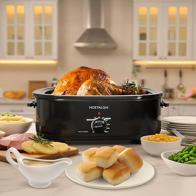 HomeCraft Nostalgia Electric Roaster Oven, 18-Quart Capacity for Turkey, Chicken, Meat, Vegetables, Full-Range Temperature Control, Lift-Out Rack, and Removable Enamel Pot Included, Black
