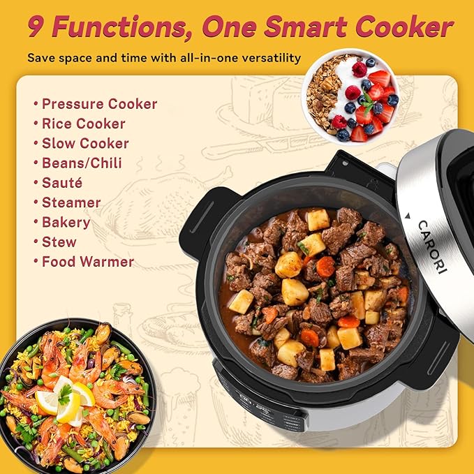 Electric Pressure Cooker 6 Quart Silver, Non-stick Pot, 9-in-1 Instant Pot, 12 Preset Functions with Touchscreen, Safe Steam Release, Stew, Slow Cook, Rice, Sauté, Warmer