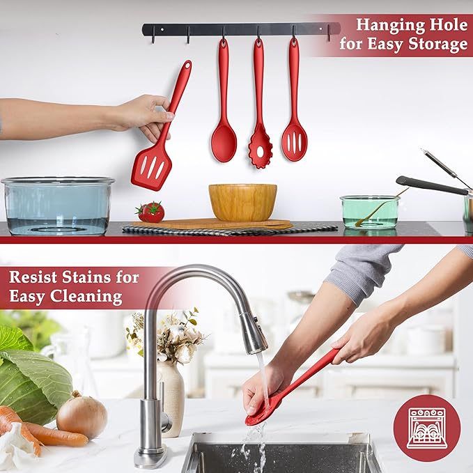 LIANYU 4Pcs Kitchen Utensils, Silicone Cooking Utensils Set, Heat Resistant Cooking Tools, Include Turner, Spoon, Pasta Server for Nonstick Cookware, Healthy & Dishwasher Safe, Red