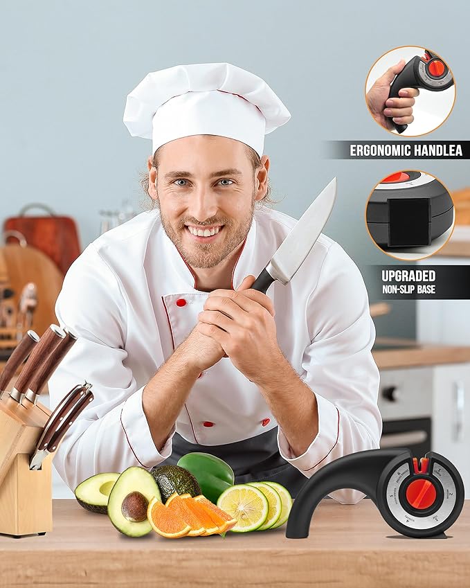 6-in-1 Knife Sharpener - Adjustable 6 Stage Knife Sharpener Tool - Manual Knife Sharpeners for Kitchen Knives, Serrated Knife, Scissors - Black