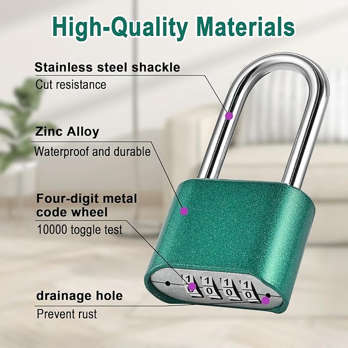 2pcs Combination Lock, 4-Digit Heavy Duty Combo Lock, Combination Padlock Outdoor Waterproof Gate Locks for Outdoor Fence, Locker, Sheds, Gym, Gate Hasps (2pcs, Long Shackle, Green)