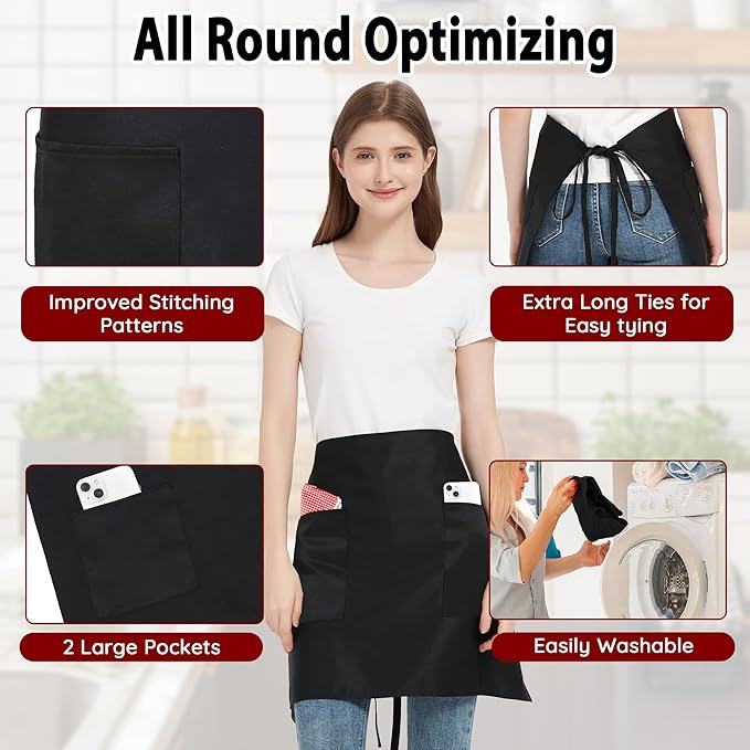 3 Pack Waist Apron with 3 Pockets, Unisex Black Waiter Aprons, Water Resistant Server Aprons for Restaurant Chef Bar