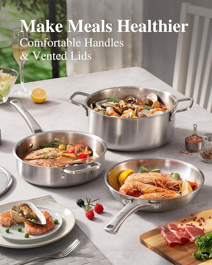 Stainless Steel Cookware Set,Tir-Ply Pots and Pans Set,13 Pcs Stainless Steel Induction Kitchen Cookware Sets,PFOA Free, Frying Pans,Saucepans,Saute Pan & Stock Tagine Pot,Compatible with All Cooktops